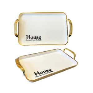 It sounds like you're describing a rectangular serving tray that features a gold rim and handles. The dimensions of the tray are 38.5 cm in length, 28 cm in width, and 2.5 cm in...