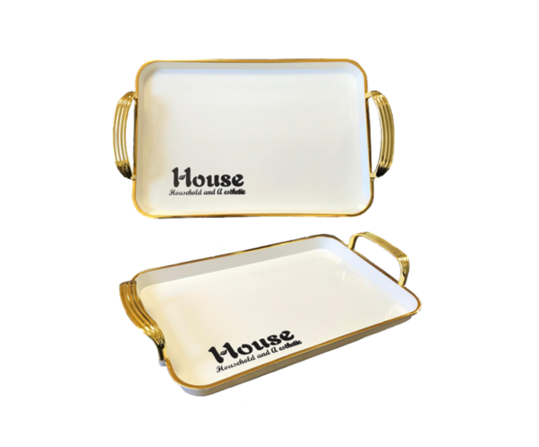 It sounds like you're describing a rectangular serving tray that features a gold rim and handles. The dimensions of the tray are 38.5 cm in length, 28 cm in width, and 2.5 cm in...