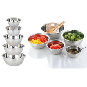 It sounds like you're describing a set of stainless steel mixing bowls that come with measuring lines marked in milliliters (ml). The set includes 5 bowls of assorted sizes. The...