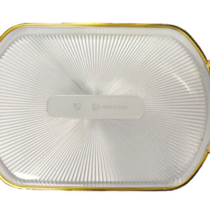 It sounds like you're describing a specific product: an oval transparent plastic serving tray with a gold rim and handles. The dimensions of the tray are 24 x 35 cm, and it...