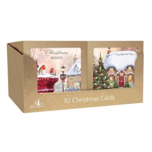 It sounds like you're referring to a pack of traditional Christmas cards that come in a square box. These usually include 10 cards, each featuring classic holiday scenes such as...