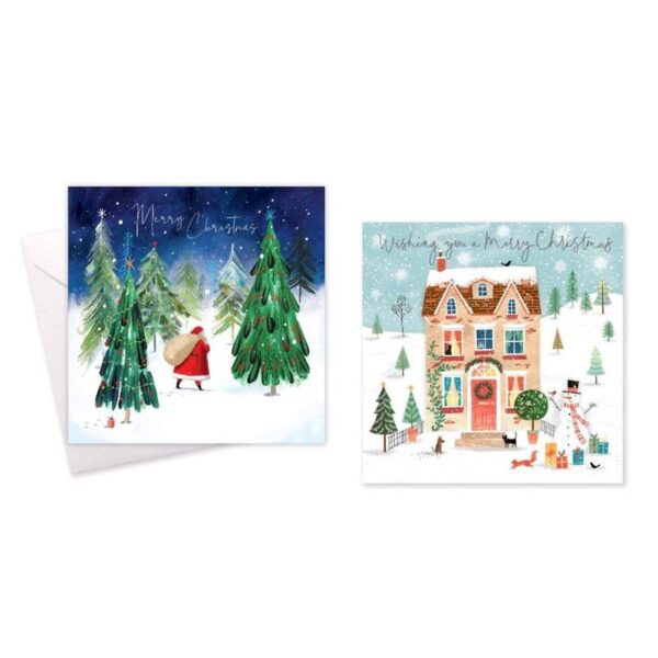 It sounds like you're referring to a set of boxed Christmas cards that features a design with a house and Santa. These types of cards are typically sold in packs of 10 and are...