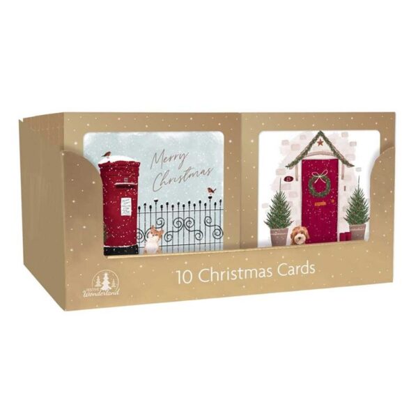 It sounds like you're referring to a set of Christmas cards. These cards are likely square-shaped and come in a pack of 10. They feature designs that include images of a post...