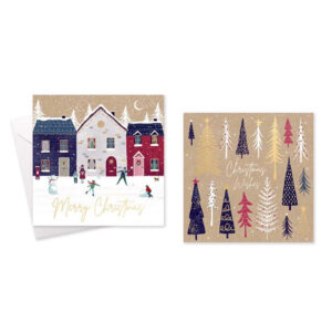 It sounds like you're referring to a set of Christmas cards. This pack likely contains 10 square-shaped cards featuring a festive design of a village and trees, perfect for...