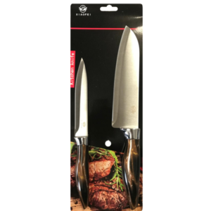 It sounds like you're referring to a set of steel kitchen knives that come with printed handles. The set includes two knives and is labeled with a product or model number...