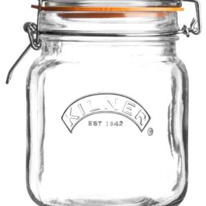 KILNER 1 LITRE SQUARE GLASS JAR WITH AIRTIGHT RUBBER SEAL AND CLIP TOP