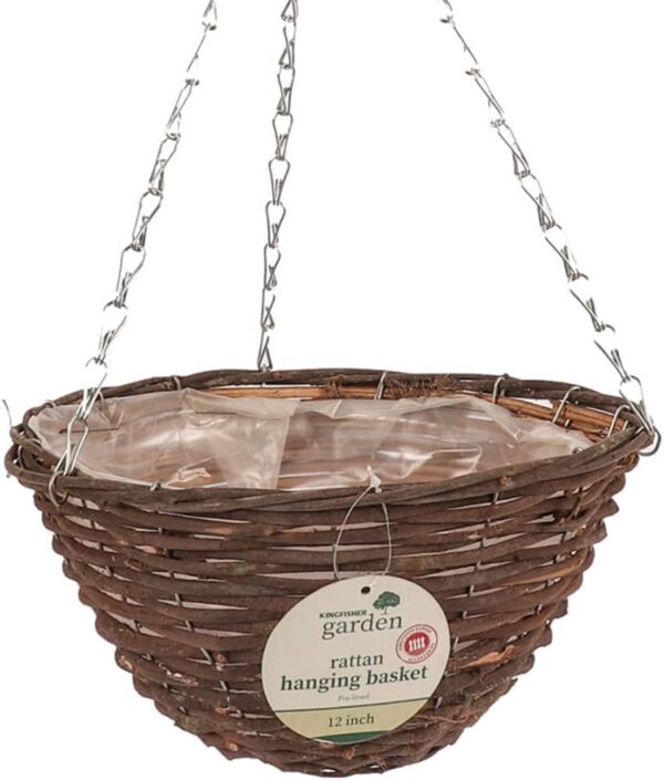 KINGFISHER DARK RATTAN HANGING BASKET WITH LINER, 30CM / 12 INCH