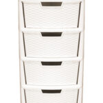 Large 4-Drawer Mobile Storage Tower Unit in Cream Rattan Plastic