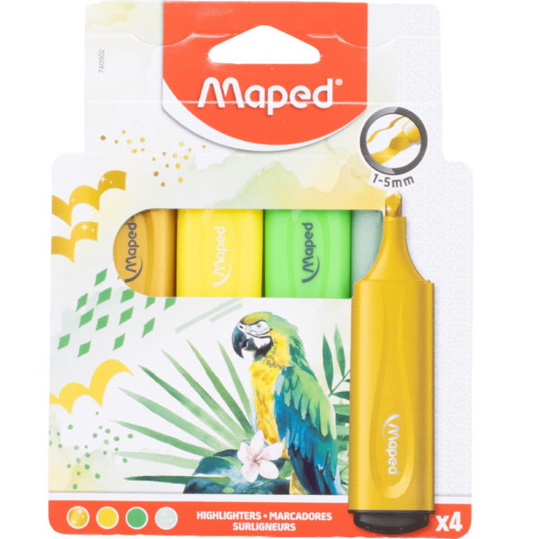 Maped Glitter-Themed Highlighters Pack of 4 with 3 Assorted Designs, Hanging Pack