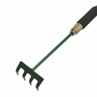 **Material:** The rake is made of metal, suggesting durability and effectiveness in gardening tasks