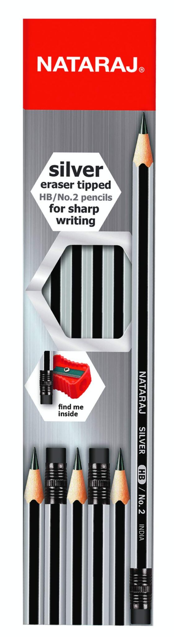 NATRAJ Silver HB 2B Pencils with Eraser Tips, Pack of 12