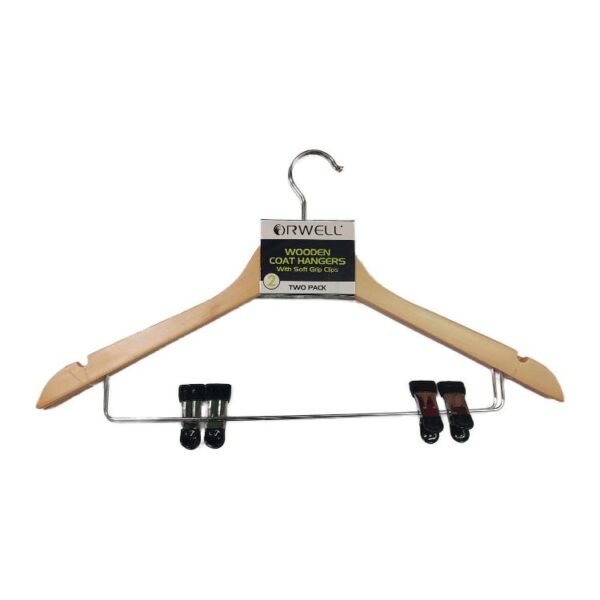 ORWELL WOODEN COAT HANGER WITH SOFT GRIP CLIPS, PACK OF 2