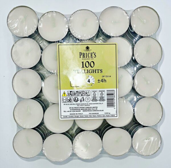 Pack of 100 Prices Tea Light Candles with 4-Hour Burn Time