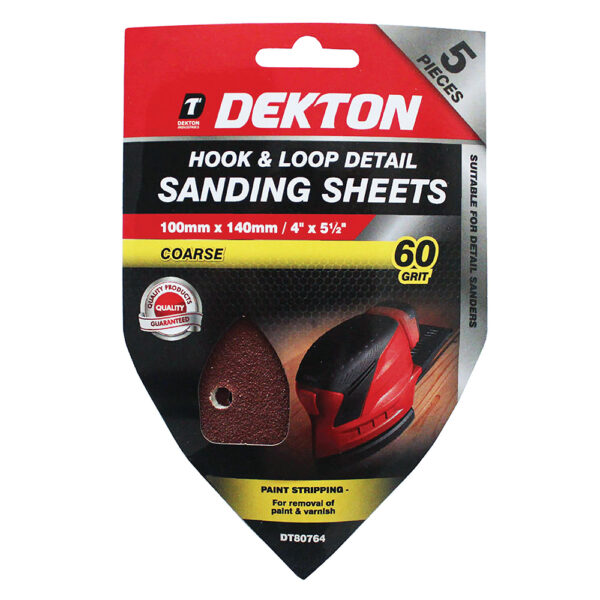 Pack of 5 Dekton Hook and Loop Detail Sanding Pads, 60 Grit, 100mm x 140mm