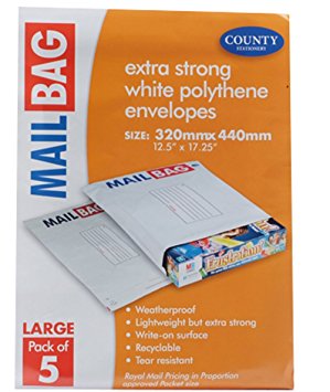 Pack of 5 Large White Polythene Mailing Bags, 320mm x 440mm