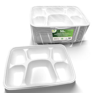 Pack of 50 Biodegradable Bagasse Plates with 6 Rectangular Compartments