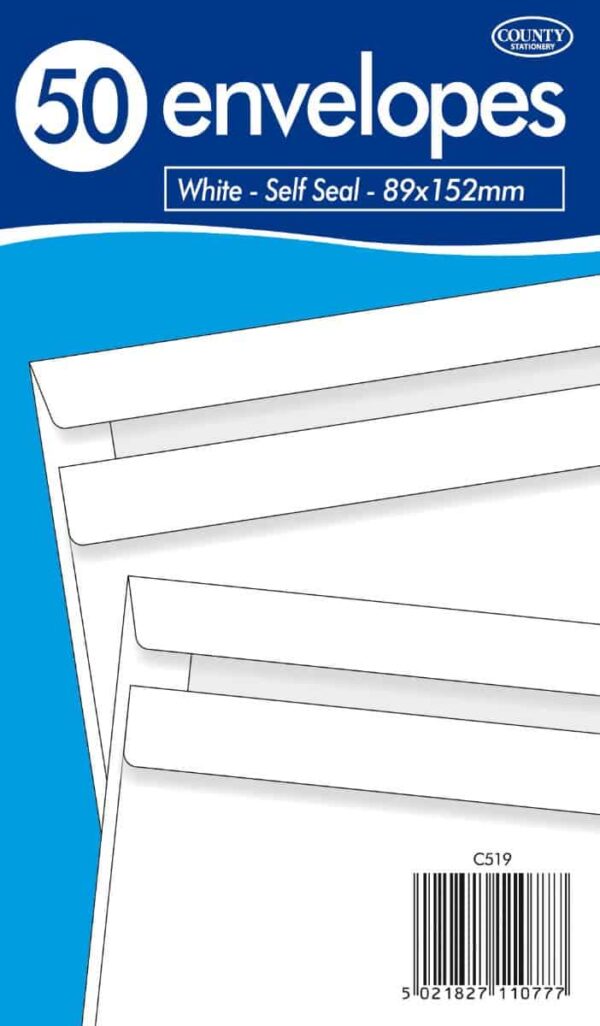 Pack of 50 White Self-Sealing Envelopes - 89 x 152mm