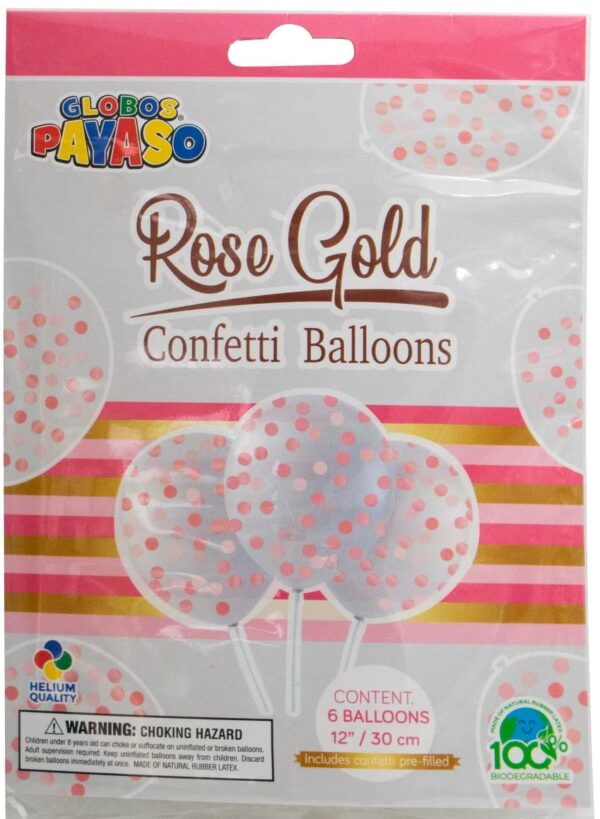 Pack of 6 Rose Gold Confetti 12" Balloons, Pre-Filled and Ready to Hang