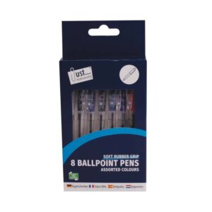 Pack of 8 Retractable Pens with Rubber Grip by Just Stationery