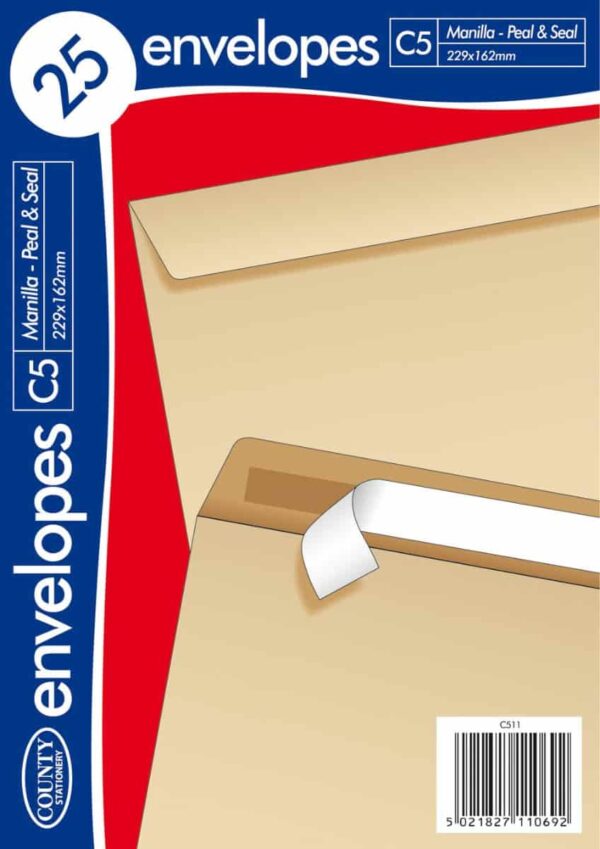 Peel & Seal Manilla Envelopes - C5 Size 229 x 162mm, Pack of 25