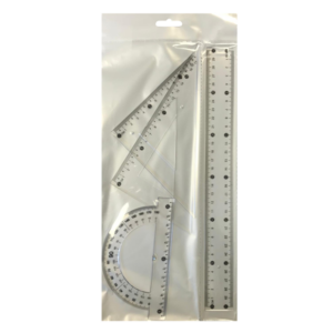 **Plastic Ruler**: Typically a 30 cm or 12-inch ruler used for measuring lengths and drawing straight lines. Made of durable plastic and often transparent or semi-transparent