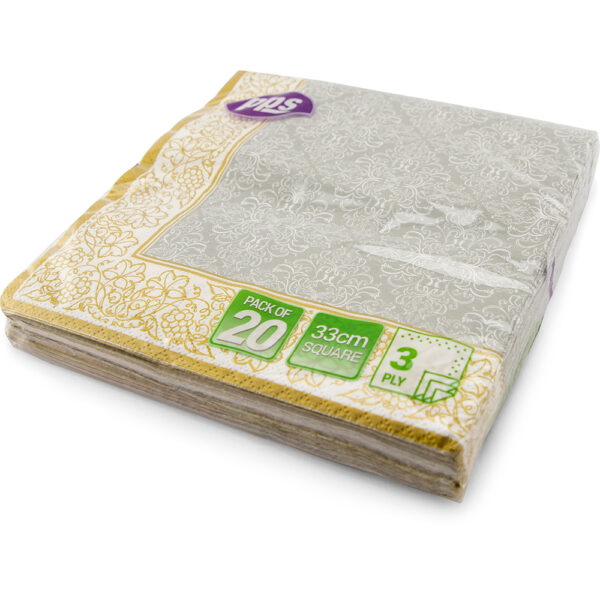 PPS 3-Ply Napkins, 33cm x 33cm, Silver with Gold Border, Pack of 20