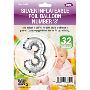 PPS Large Silver Foil Number 3 Balloon, 82 cm - Standing Design