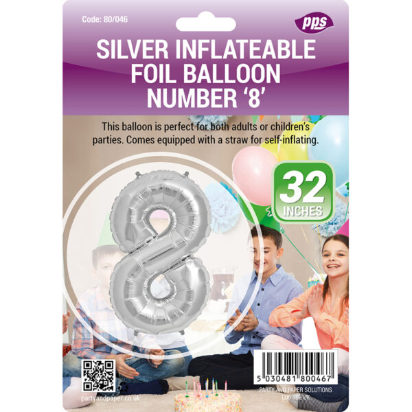 PPS Large Silver Standing Foil Number 8 Balloon - 82 cm