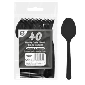 Premium Heavy-Duty Reusable Black Plastic Spoons, Pack of 40