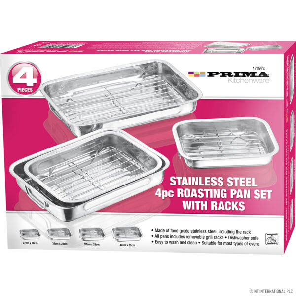 PRIMA 4-Piece Stainless Steel Roasting Pan Set with Racks