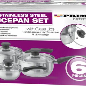 PRIMA COOKWARE 6-PIECE SAUCEPAN SET WITH GLASS LIDS