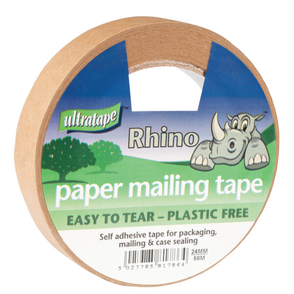 RHINO Kraft Brown Paper Packaging Tape, Easy Tear, 24mm x 50m