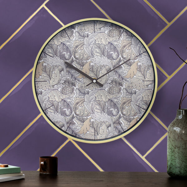 Round Analog Wall Clock with Acanthus Floral Design in Grey