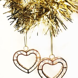 Set of 2 Hanging Gold Diamond Hearts, Approximately 5 cm