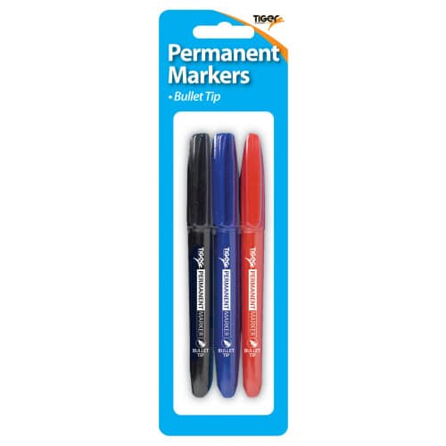 Set of 3 Bullet Tip Permanent Markers in Assorted Colors, Hang Pack