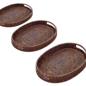 Set of 3 Round Rattan Trays with Handles