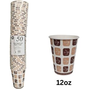 Set of 50 12oz Paper Cups for Hot and Cold Beverages