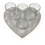 Set of 6 Glass Tea Light Candle Holders on Heart-Shaped Wooden Tray