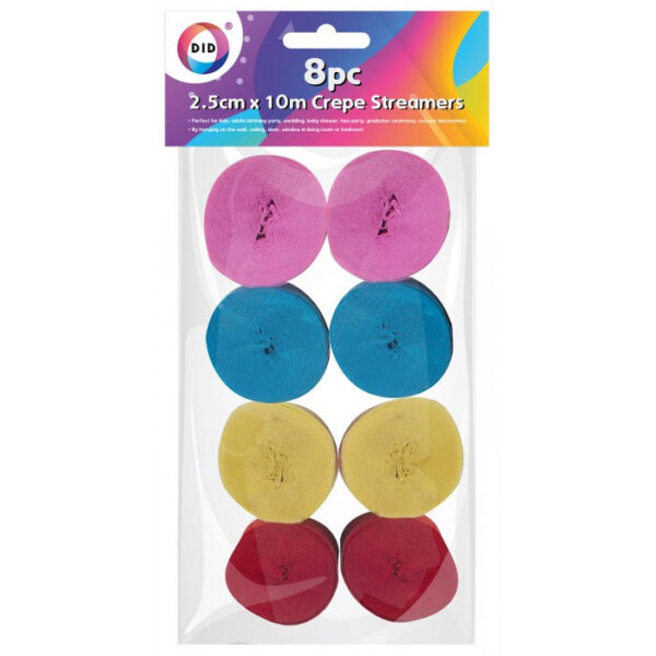 Set of 8 Crepe Paper Streamers (2.5cm x 10m)