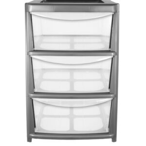 Silver Large 3-Drawer Mobile Plastic Storage Tower Unit