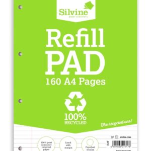 Silvine A4 Recycled Refill Pad, 160 Lined Pages with Margin