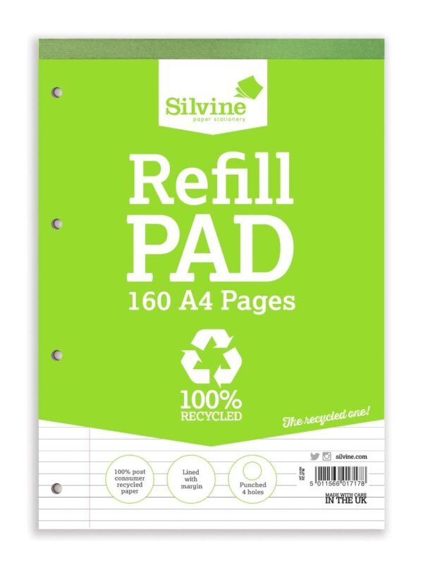 Silvine A4 Recycled Refill Pad, 160 Lined Pages with Margin