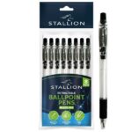 STALLION BLACK RETRACTABLE BALLPOINT PENS WITH GRIP, PACK OF 8