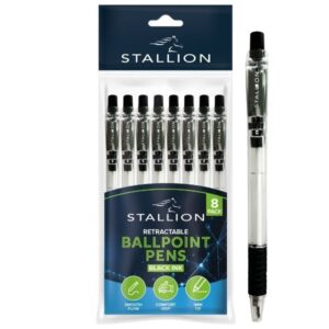 STALLION BLACK RETRACTABLE BALLPOINT PENS WITH GRIP, PACK OF 8