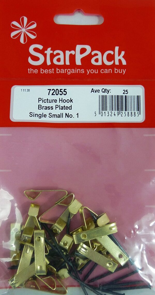 STAR PACK 18 SINGLE SMALL NO.1 BRASS-PLATED PICTURE HOOK