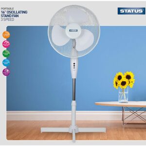 STATUS 16-Inch White Portable Oscillating Stand Fan