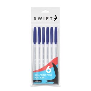 SWIFT Ballpoint Pens with Pull Cap, Pack of 6 - Blue