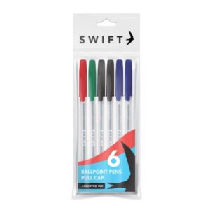 SWIFT PULL CAP BALLPOINT PENS, PACK OF 6 - VARIETY OF COLORS