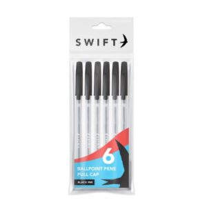 SWIFT Pull Cap Black Ballpoint Pens - Pack of 6