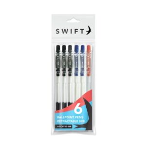 SWIFT Retractable Ballpoint Pens, Multi-Colored, Pack of 6